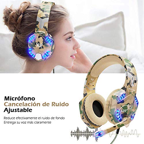 VersionTECH. Auriculares Gaming con Microfono de Diadema-Bass OverEar 3.5mm Jack,Luz LED,Volumen Control,Bajo Ruido para Nueva Xbox One/Nintendo Switch/PC/Ordenador Portátil /Móvil(Camuflaje)