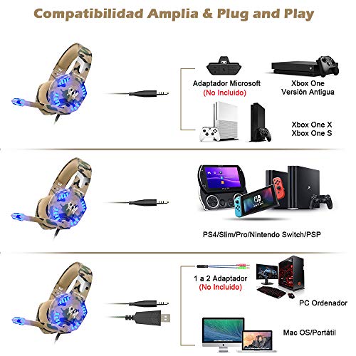 VersionTECH. Auriculares Gaming con Microfono de Diadema-Bass OverEar 3.5mm Jack,Luz LED,Volumen Control,Bajo Ruido para Nueva Xbox One/Nintendo Switch/PC/Ordenador Portátil /Móvil(Camuflaje)