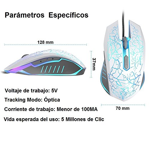 VersionTECH. Ratón Gaming con Cable hasta 2400 DPI Ratón Ergonómico Óptico para Juegos con 7 Colores Luz LED 6 Botón Gaming Mouse Wired para PC/Ordenadores Portátil/Mac(Blanco)