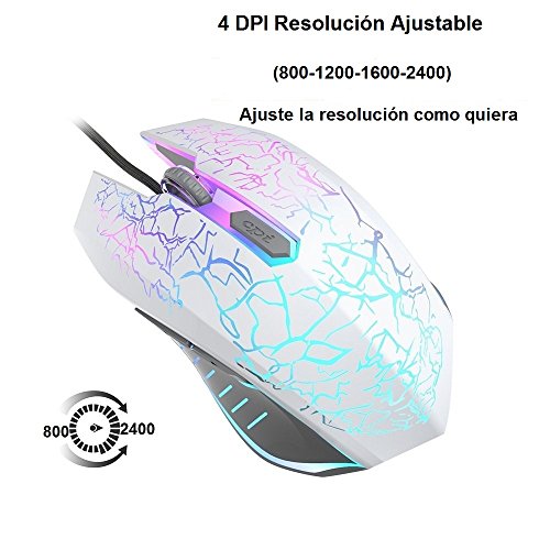 VersionTECH. Ratón Gaming con Cable hasta 2400 DPI Ratón Ergonómico Óptico para Juegos con 7 Colores Luz LED 6 Botón Gaming Mouse Wired para PC/Ordenadores Portátil/Mac(Blanco)