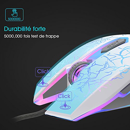 VersionTECH. Ratón Gaming con Cable hasta 2400 DPI Ratón Ergonómico Óptico para Juegos con 7 Colores Luz LED 6 Botón Gaming Mouse Wired para PC/Ordenadores Portátil/Mac(Blanco)