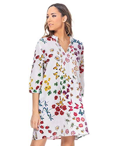 Vestido Estampado de Mariposas y Flores, Manga Francesa y con Pecho Plisado, Color Azul, Talla XL