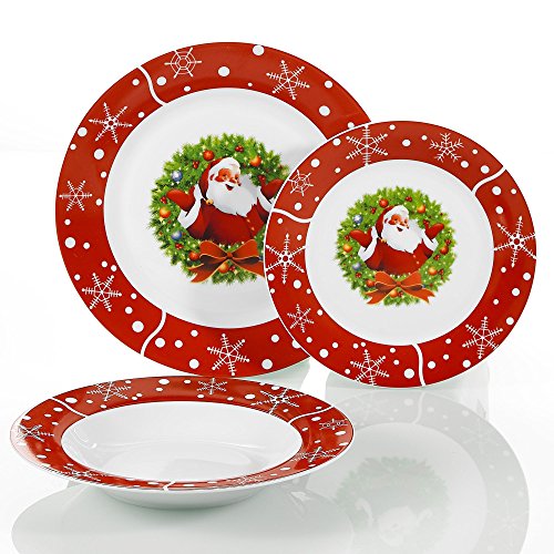 VEWEET, Serie SANTACLAUS, 36 Piezas Vajillas de Porcelana, Vajilla Navideñas para 12 Personas Vajillas Decorar Fiesta/Mesa con Platos Llanos, Platos Postre, Platos Hondos