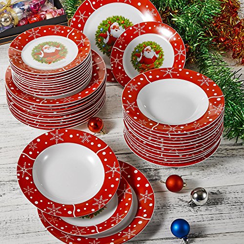 VEWEET, Serie SANTACLAUS, 36 Piezas Vajillas de Porcelana, Vajilla Navideñas para 12 Personas Vajillas Decorar Fiesta/Mesa con Platos Llanos, Platos Postre, Platos Hondos