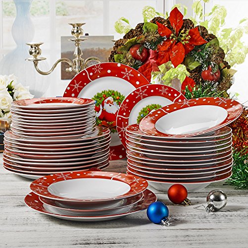 VEWEET, Serie SANTACLAUS, 36 Piezas Vajillas de Porcelana, Vajilla Navideñas para 12 Personas Vajillas Decorar Fiesta/Mesa con Platos Llanos, Platos Postre, Platos Hondos