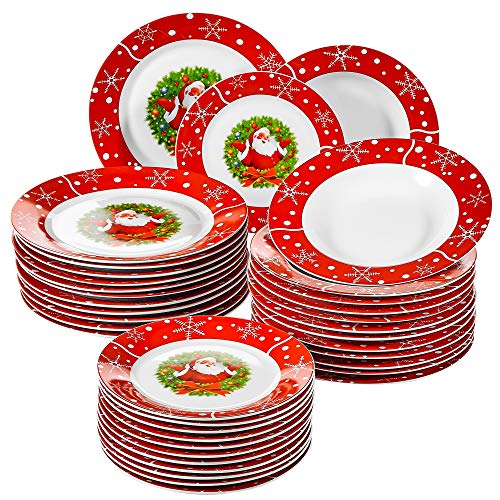 VEWEET, Serie SANTACLAUS, 36 Piezas Vajillas de Porcelana, Vajilla Navideñas para 12 Personas Vajillas Decorar Fiesta/Mesa con Platos Llanos, Platos Postre, Platos Hondos