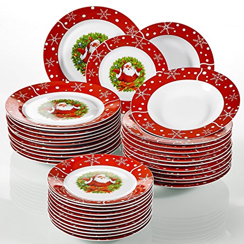 VEWEET, Serie SANTACLAUS, 36 Piezas Vajillas de Porcelana, Vajilla Navideñas para 12 Personas Vajillas Decorar Fiesta/Mesa con Platos Llanos, Platos Postre, Platos Hondos