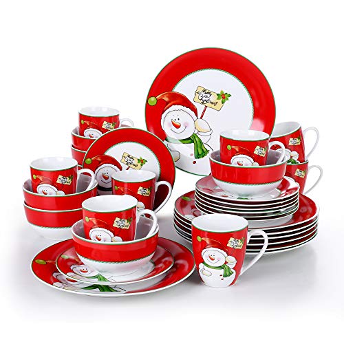 VEWEET Snowman Juego de Vajilla 32 Piezas con 8 Platos Llanos, 8 Platos de Postre, 8 Cuenco de Cereal y 8 Tazas para 8 Personas