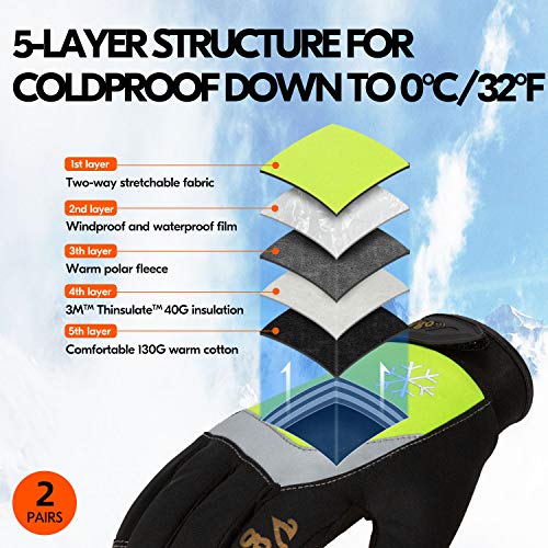 Vgo 2Pares 0℃ o Superior 3M Thinsulate C40 Guantes Invierno de Trabajo de Cuero Sintético Pantalla Táctil de Alta Destreza con Crysta Thinsulate (Talla 9/L, Negro y Verde Fluorescente, SL8775F)