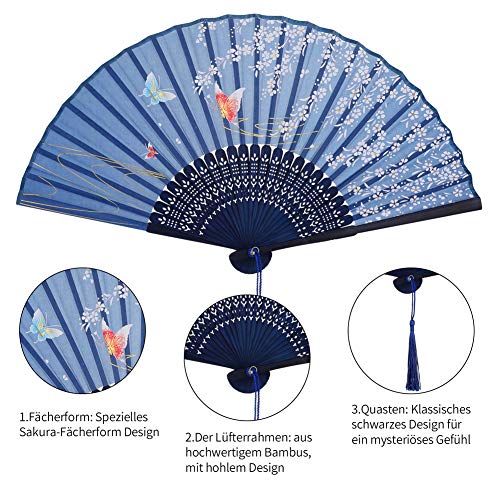 VICKSONGS Abanico de Mano, Japonés Seda Ventilador Plegable de Mujer con Borla, Abanico de Mano de Bambú para Pared Decoración Fiesta Boda Baile Regalo (Azul Oscuro)