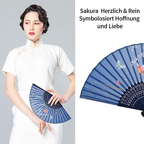 VICKSONGS Abanico de Mano, Japonés Seda Ventilador Plegable de Mujer con Borla, Abanico de Mano de Bambú para Pared Decoración Fiesta Boda Baile Regalo (Azul Oscuro)