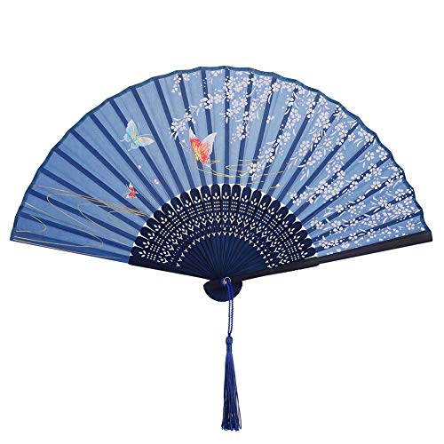 VICKSONGS Abanico de Mano, Japonés Seda Ventilador Plegable de Mujer con Borla, Abanico de Mano de Bambú para Pared Decoración Fiesta Boda Baile Regalo (Azul Oscuro)