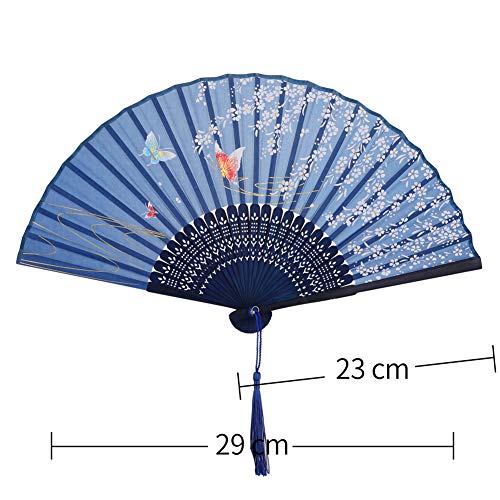 VICKSONGS Abanico de Mano, Japonés Seda Ventilador Plegable de Mujer con Borla, Abanico de Mano de Bambú para Pared Decoración Fiesta Boda Baile Regalo (Azul Oscuro)