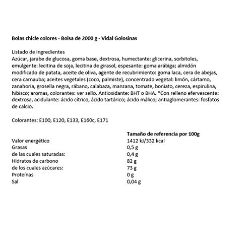 Vidal Golosinas. Bolas de Chicle Grageado de 16 mm. Surtido de deliciosos sabores: limón, naranja, y fresa. Bolsa 2 kg