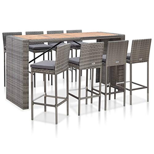 vidaXL Madera Acacia Muebles de Bar Jardín 9 Piezas Conjunto Casa Patio Terraza Sofá Mesa Tablero Sillas Sillón Aire Libre Ratán Sintético Gris