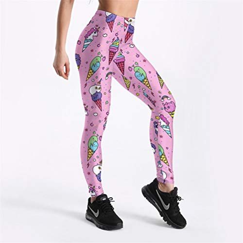 VIDEFS.LEG Mujeres Legging Moda Entrenamiento Fitness Pantalones de Cintura Alta Raya Helado Cono Impreso Estilo Encantador M