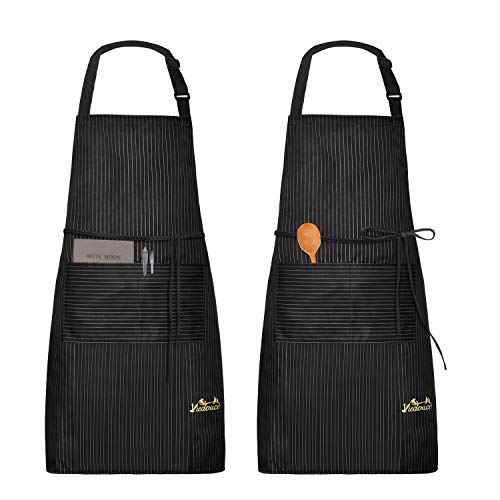 Viedouce 2 Piezas Delantales Impermeables Ajustables del Cocinero con Bolsillo Cocina Delantale para Mujeres Hombres,Delantal Chefs Cocina (Raya Negro)