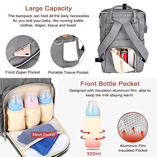 Viedouce Mochilas para Pañales Biberones,Bolso del Bebé Mamá,Impermeable con Estilo Oxford Bolso Pañal de Gran Capacidad, con Portátil Cambiador y 2 Piezas Ganchos Carrito Bebé (gris)