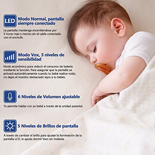 Vigilabebés con Cámara Inalámbrico Monitor para Bebés con LCD 2.4 Pulgadas y Cámara Visión Nocturna, Función de Vigilancia de la Temperatura Modo VOX Alcance de 260 Metros