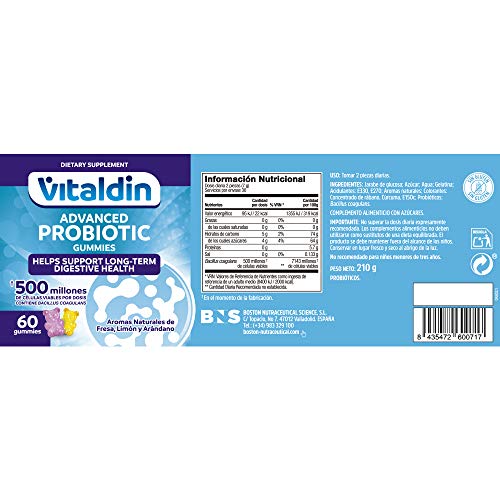 VITALDIN Probiótico gummies - 500 millones de cepas de Bacillus Coagulans por dosis diaria - 60 gominolas (suministro para 1 mes); sabor a Frutas - Flora Intestinal - Apto para Niños & Adultos