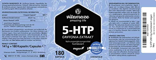 Vitamaze® 5-HTP 200mg Fuerte Cápsulas de Extracto de Semillas de Griffonia, 180 Cápsulas Vegano por 6 Meses, Naturales Ingrediente Activo Puro de Semillas de Frijol Negro, sin Aditivos Innecesarios