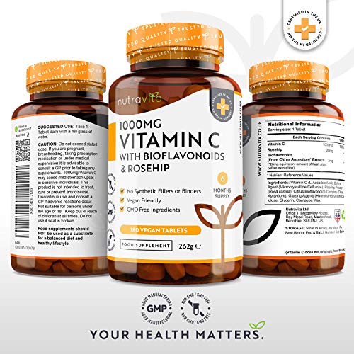 Vitamina C de 1000 mg con Bioflavonoides y Rosa Mosqueta - 180 Comprimidos Veganos - Suministro para 6 Meses - Contribuye al Mantenimiento Adecuado del Sistema Inmunitario - Elaborado por Nutravita