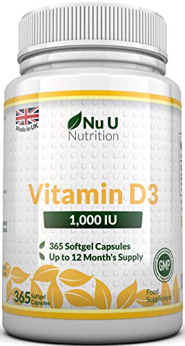 Vitamina D3 365 Cápsulas Blandas (Suministro para Todo el Año) Suplemento de Vitamina D3 de 1000 UI, Colecalciferol de Alta Absorción por Nu U Nutrition