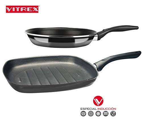 VITREX SARTEN Maison. Sartén Antiadherente Doble Capa, Acero vitrificado, Compatible con Todo Tipo de Cocina, inducción. Apta lavavajillas. Mango ergonómico. Pack Exclusivo SARTEN 24cm + asador 27cm