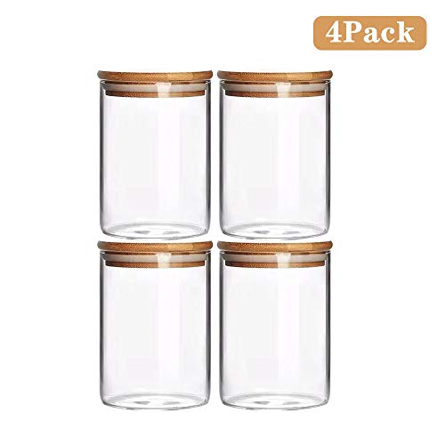 VIVILINEN Juegos de Tarros de Almacenamiento de Cristal con Hermético Tapa de Bambú, Recipientes Organizador de Varios Tamaños para Conservar Alimentos Té,Café,Azúca,Harina,Pasta (600ml*4)