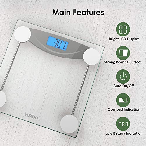 VOXON Báscula de Baño Digital Escala Electrónica con Pantalla LCD Retroiluminada, Alta Precisión Escala de Peso, Máximo 180KG, Escala para Baño, Gimnasio, Salón, Vidrio Transparente