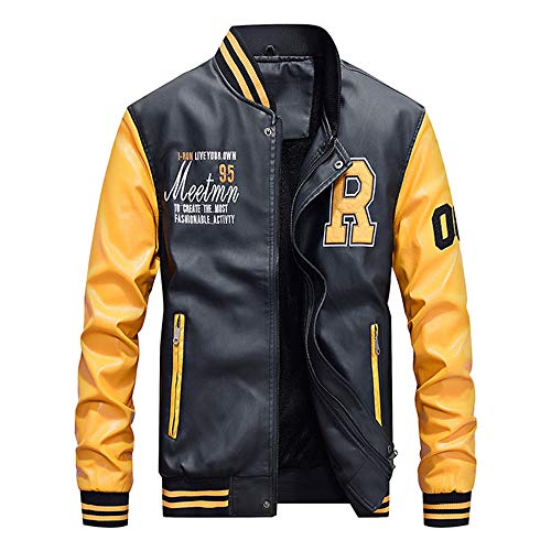 VPASS Hombres Chaqueta de Cuero,Cuero de la Chaqueta de béisbol Colores Mezclados Abrigo de Pieles Coincidencia de Colores Abrigos Tops Abrigo Hombres Sudadera con Capucha