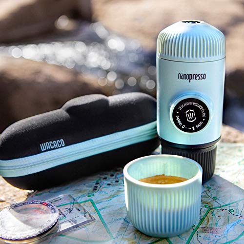 WACACO Nanopresso máquina de café espresso portátil con protectora Nanopresso S-Case adjunto, actualización de la de Minipresso, Cafetera de viaje, Operado manualmente (Nuevos Elementos Azúl ártico)