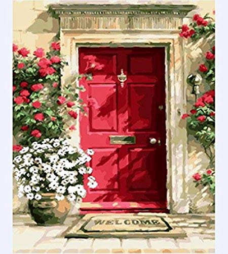 WAFJJ Pintura por números Adultos Puerta roja Bricolaje Pintura al óleo por número Kit 16 * 20 Pulgadas decoración de Navidad Decoraciones Regalos (sin Marco)