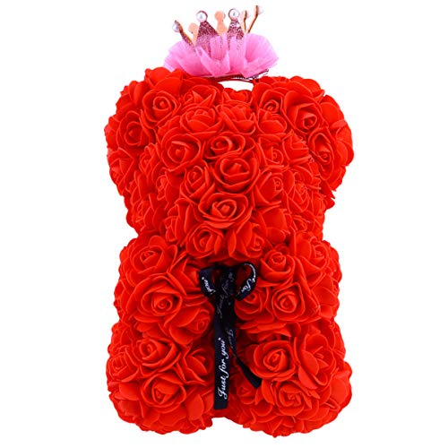 Wakauto Oso de Peluche Rosa con Corona Flor Artesanías de Oso Osos Rosas Flor Eterna para Escaparate Aniversario Fiesta de Navidad Favores Regalo Rojo