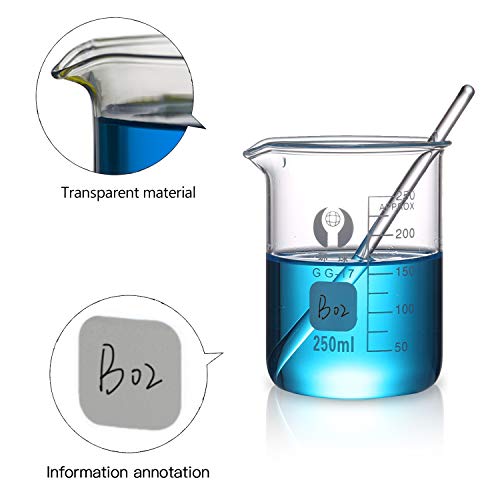 Wandefol 6pcs Vaso de Vídrio Graduado, Vaso Cristal de Laboratorio, Vaso Medidor Borosilicato 25 50 100 250 400 600ml para Escuela Laboratorio Experimento Hospital Cosmético con Etiquetas Cepillo