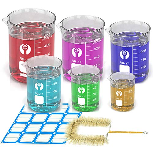 Wandefol 6pcs Vaso de Vídrio Graduado, Vaso Cristal de Laboratorio, Vaso Medidor Borosilicato 25 50 100 250 400 600ml para Escuela Laboratorio Experimento Hospital Cosmético con Etiquetas Cepillo