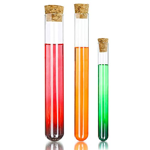 Wandefol - Juego de 12 tubos de ensayo de cristal con tapón de corcho, tubo de ensayo en laboratorio, para plantar agua y caramelos, 25 x 200 mm, 20 x 200 mm, 15 x 150 mm