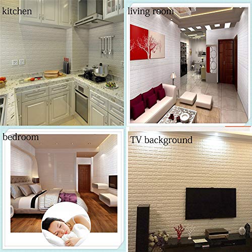 WANWEITONG 3D Papel Tapiz de Ladrillo, Auto Adhesivo Pegatinas de Pared de Ladrillo de Imitación, DIY Wall Stickers Moderno Decorativo para Hogar Cocina Salón Moderna TV Decor (12 Piezas, Blanco)