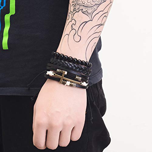 WARMWORD Hombres Sencillo Tejido Vintage Cuero Pulsera Aleación Guitarra Cuero Conjunto de Pulsera Pulsera Cuero Hombre Acero Inoxidable Cuero Negro Trenzada Brazalete Regalo de Amante