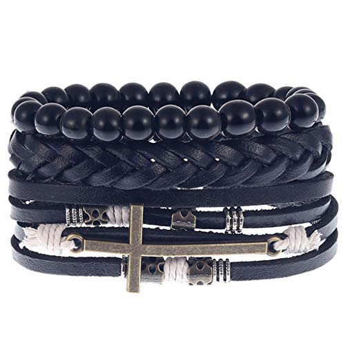 WARMWORD Hombres Sencillo Tejido Vintage Cuero Pulsera Aleación Guitarra Cuero Conjunto de Pulsera Pulsera Cuero Hombre Acero Inoxidable Cuero Negro Trenzada Brazalete Regalo de Amante