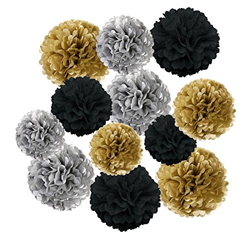 Wartoon Papel Pom Poms Flores Tissue para Decoración de Boda, Fiesta Cumpleaños, Bienvenida al Bebé, 12 Piezas ( Negro, Dorado y Plata )