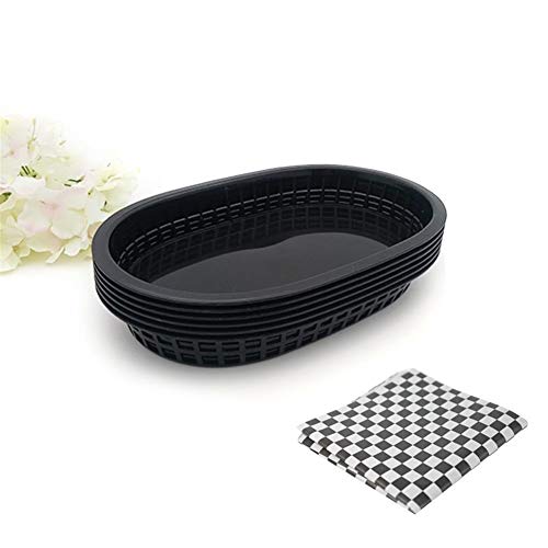 WBFN Placas, Platos 6pcs 10.5 '' de plástico Grande Fast Food Plato Cesta 24pcs controladas Cera Placas revestidas de Papel Cena Servir Comida Bandeja Restaurante (Color : 6pcs Black 24 Paper)