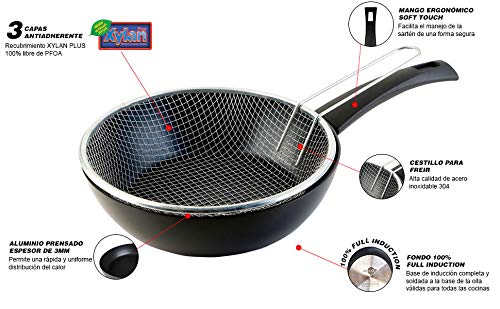 WECOOK Ecogreen, Sartén Freidora con Cestillo 24 cm, Inducción, Antiadherente Ecológico sin PFOA, Protector de Tela, Vitroceramica, Gas, Eléctrica, Negro