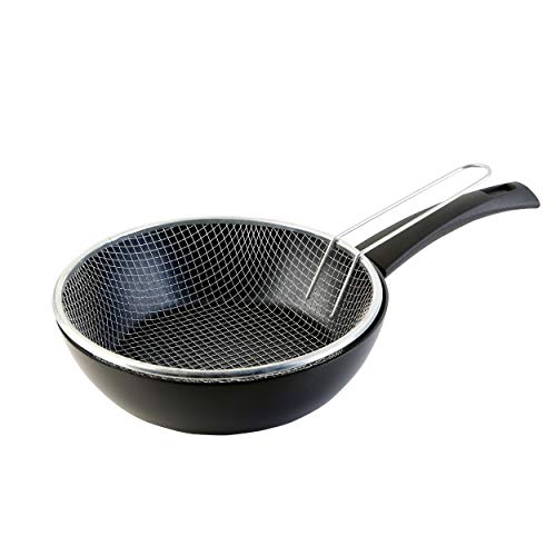 WECOOK Ecogreen, Sartén Freidora con Cestillo 24 cm, Inducción, Antiadherente Ecológico sin PFOA, Protector de Tela, Vitroceramica, Gas, Eléctrica, Negro