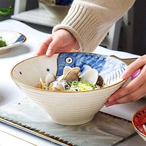 WEHOLY Cena Ensalada de cerámica Japonesa Tazón de Fruta Fideos Ramen Sopa Pasta Tazón Vajilla Lindo Pescado Pintado a Mano (Tamaño: cm (9 Pulgadas))