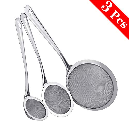 WEKON 3pcs Colador Malla Fina con Mango, Colador con Manija de Acero Inoxidable, Colador de Tamiz Cocina Harina Té Arroz Longitud 28.5cm 31cm 38.8cm Plateado Más Ligero