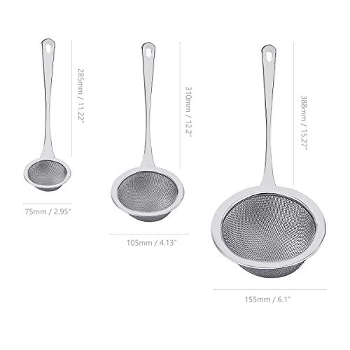 WEKON 3pcs Colador Malla Fina con Mango, Colador con Manija de Acero Inoxidable, Colador de Tamiz Cocina Harina Té Arroz Longitud 28.5cm 31cm 38.8cm Plateado Más Ligero