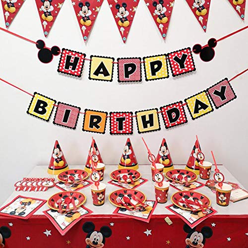 WENTS Set de Fiesta de cumpleaños de Mickey 26PCS Disney Mickey Mouse Party Decoration Set Platos Tazas Servilletas Pack de Fiesta reciclable Mickey Mantel Sirve para 6 Invitados