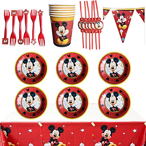 WENTS Set de Fiesta de cumpleaños de Mickey 26PCS Disney Mickey Mouse Party Decoration Set Platos Tazas Servilletas Pack de Fiesta reciclable Mickey Mantel Sirve para 6 Invitados