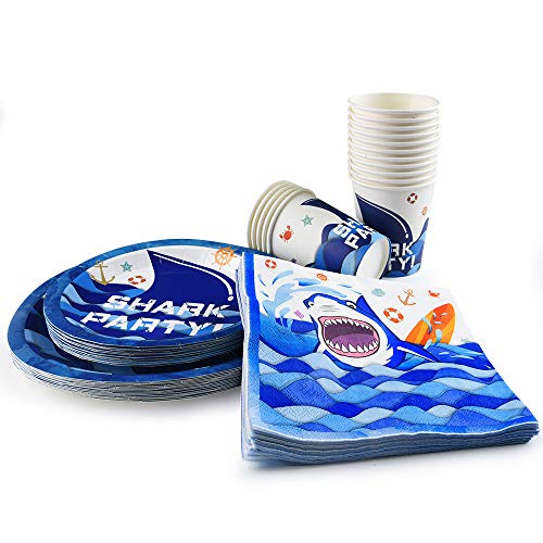 WERNNSAI Artículos para fiestas de Tiburones - Bajo el Mar Vajilla de Fiesta Placas Servilletas Tazas Kit para Niños Cumpleaños de Fiesta en el Océano Para 16 Personas 64PCS